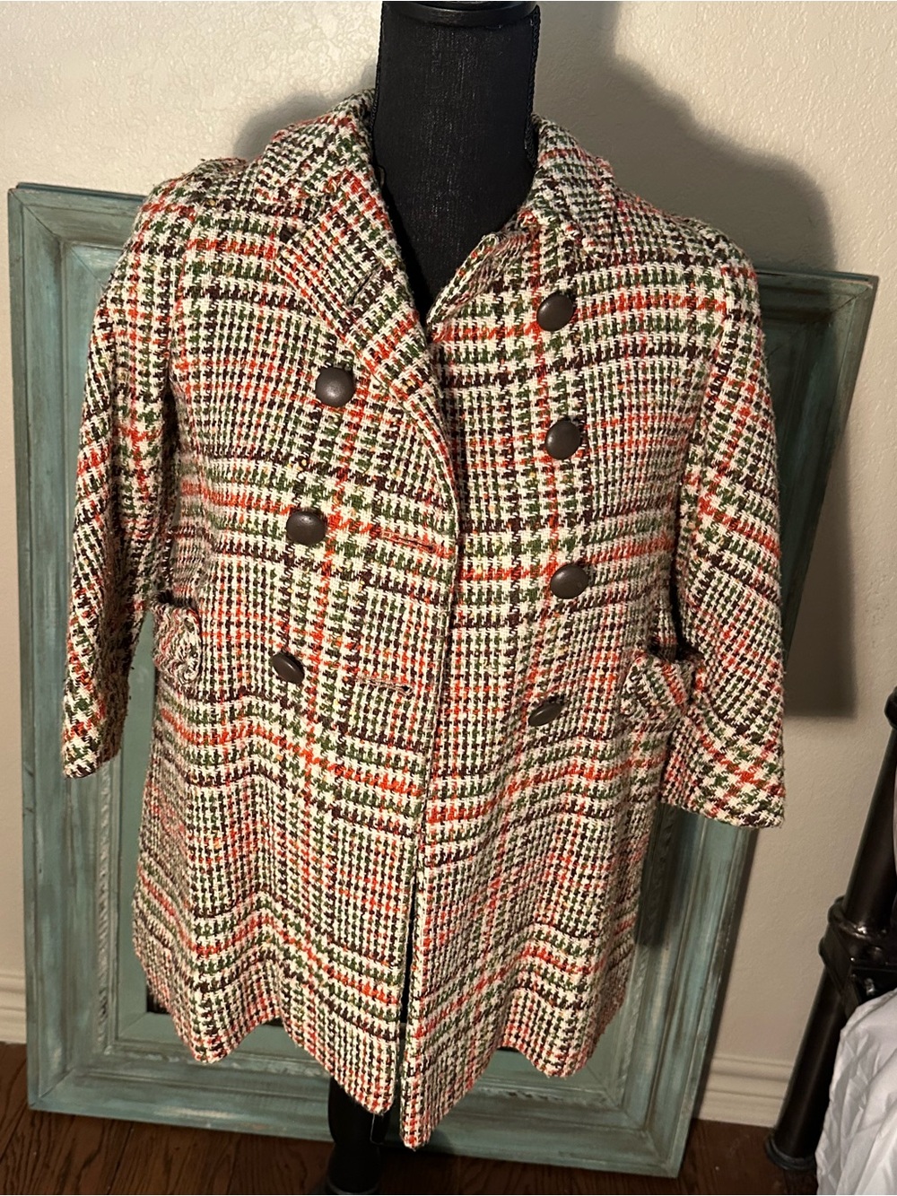 Vintage girls Plaid Tweed Double-Breasted Coat in Cream, Orange & Olive